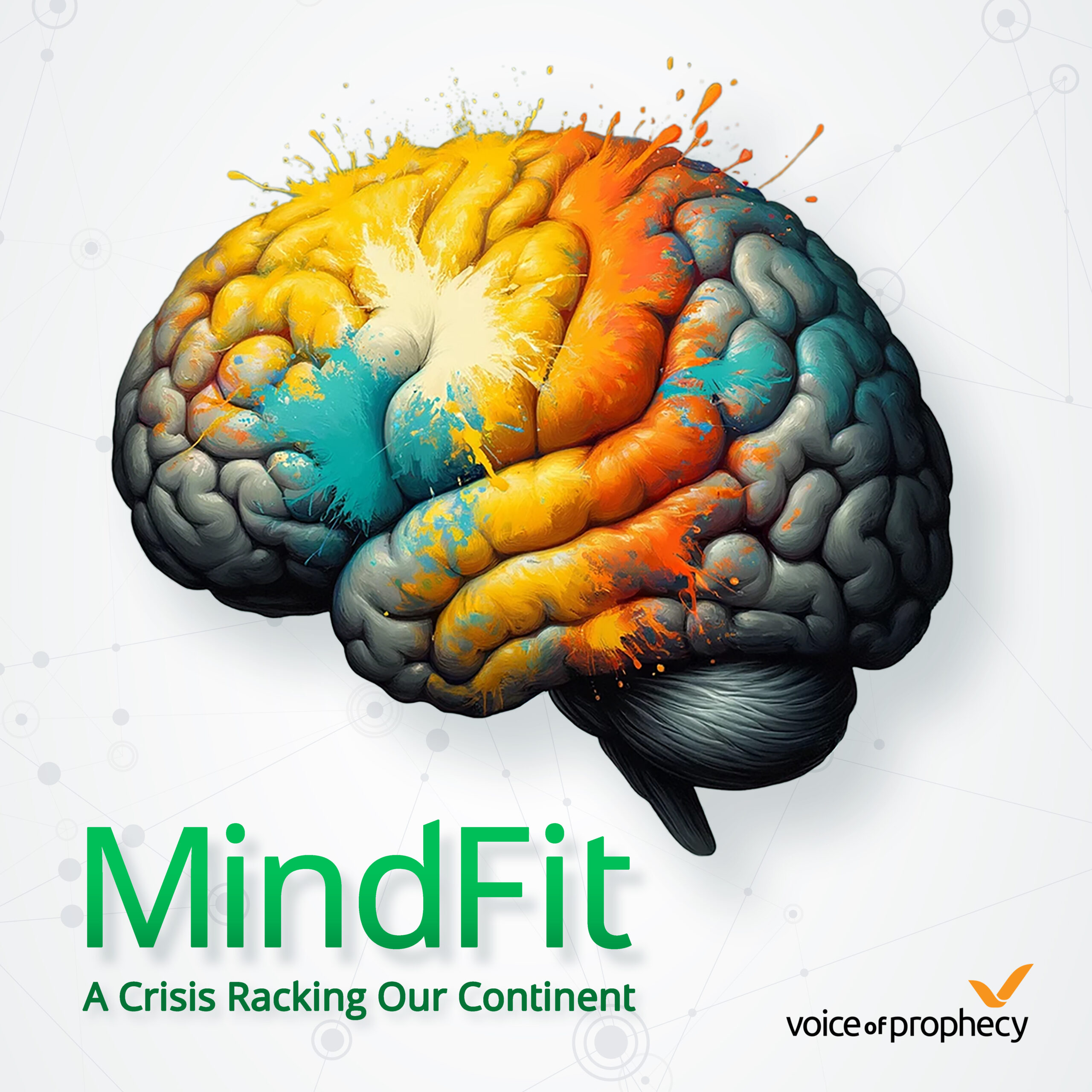 MindFit: A Crisis Racking Our Continent, digital image of human brain being splattered with multi-colored paint on white background with connected gray dots